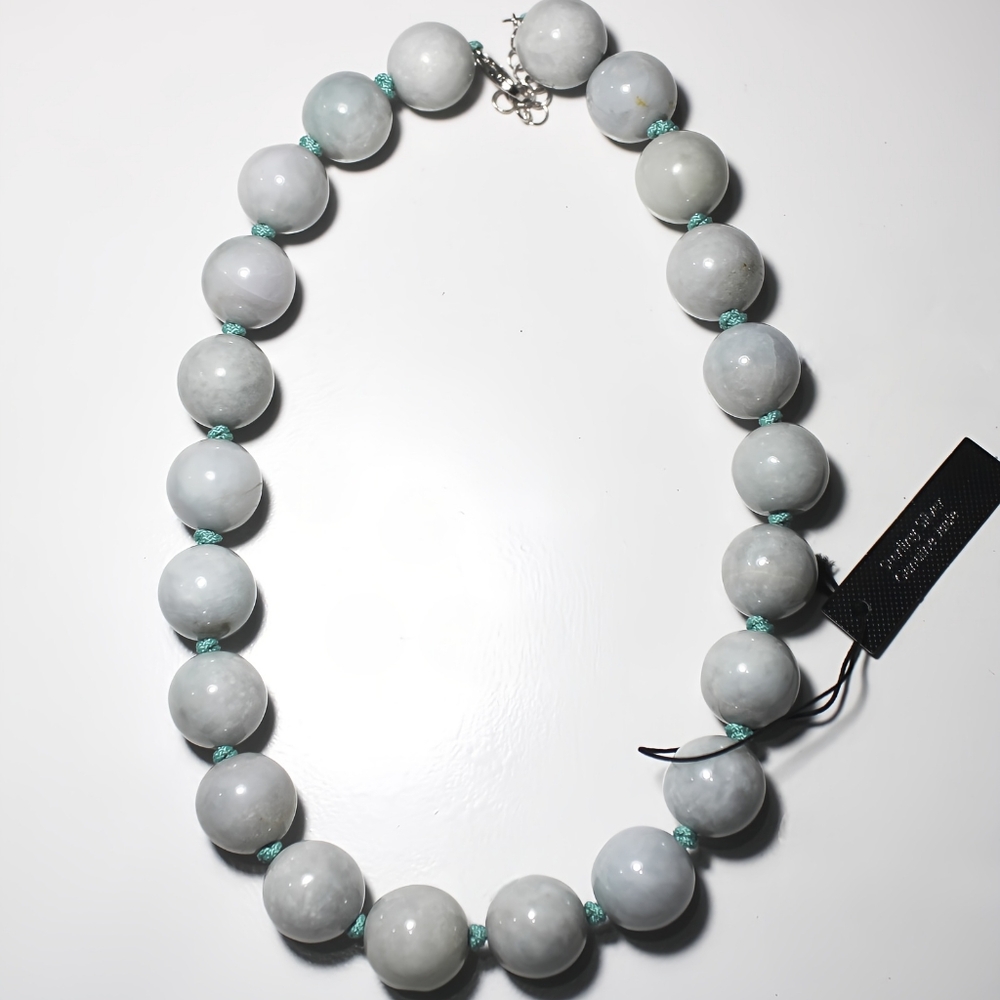 Vintage Gray Blue Jade Beaded Strand Necklace Sterling Silver Clasp 18 Inches
